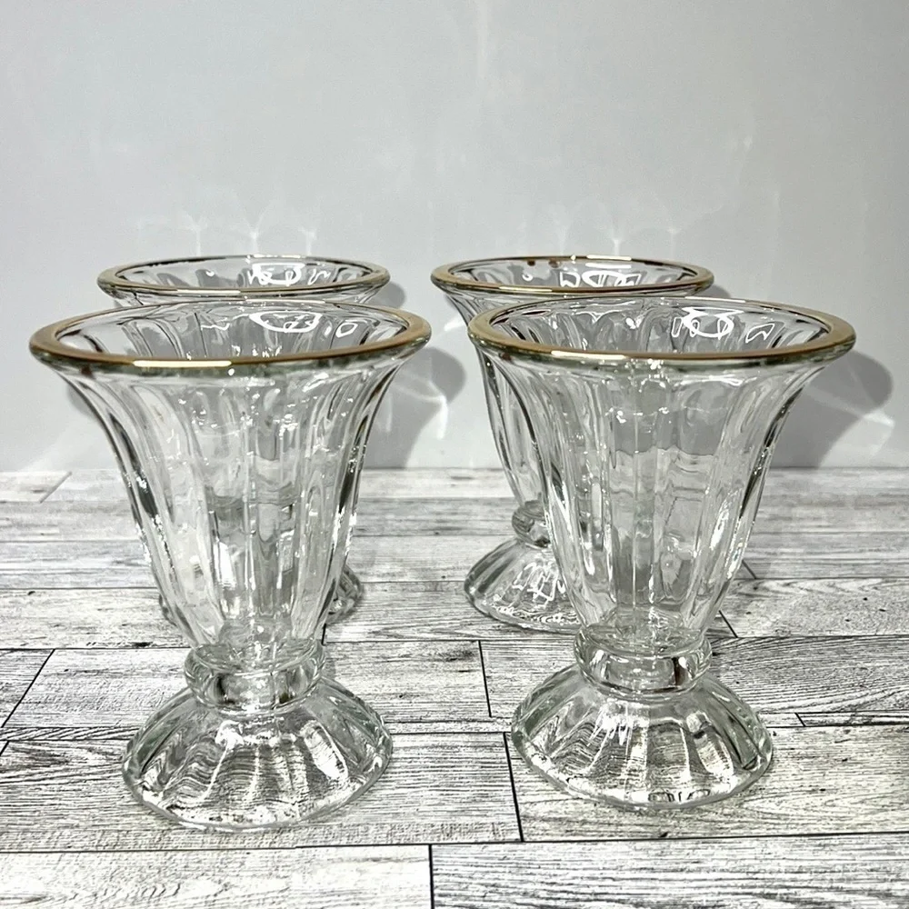 Libbey Vintage Gold Rim Pressed Glass Ice Cream Sundae Set of 4